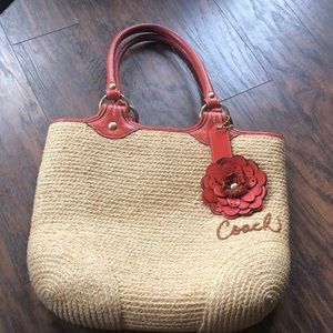 Straw leather tote orange tropical summer beach